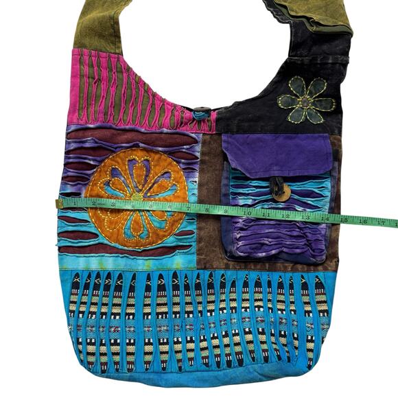Boho Hippie Crossbody Tote Bag Multicolor Cotton Zipper Nepal Embroidered - Picture 4 of 8